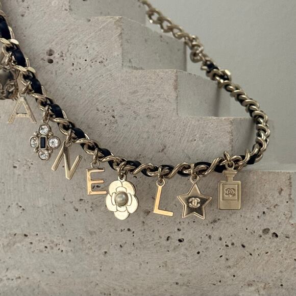 CHANEL Gold Chainlink Black Leather Embellished Camellia Charm CC Logo Necklace - Picture 4 of 9